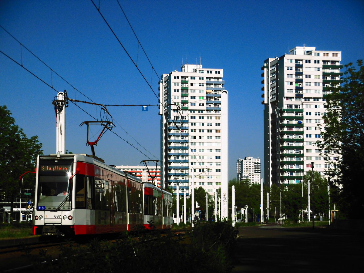 HAVAG Wagen 687 und 68X als Linie 9 mit ziel Hauptbahnhof kurz hinter der Haltstelle Rennbahnkreuz am 7.5.18