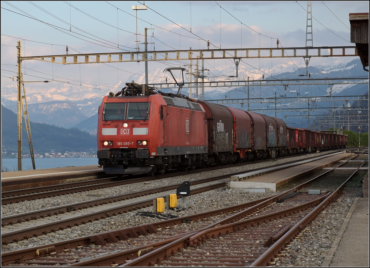 Hier beginnt die Gotthardbahn, die 185 095 gerade in Richtung aargauischer Südbahn verlässt. Immensee, März 2019.