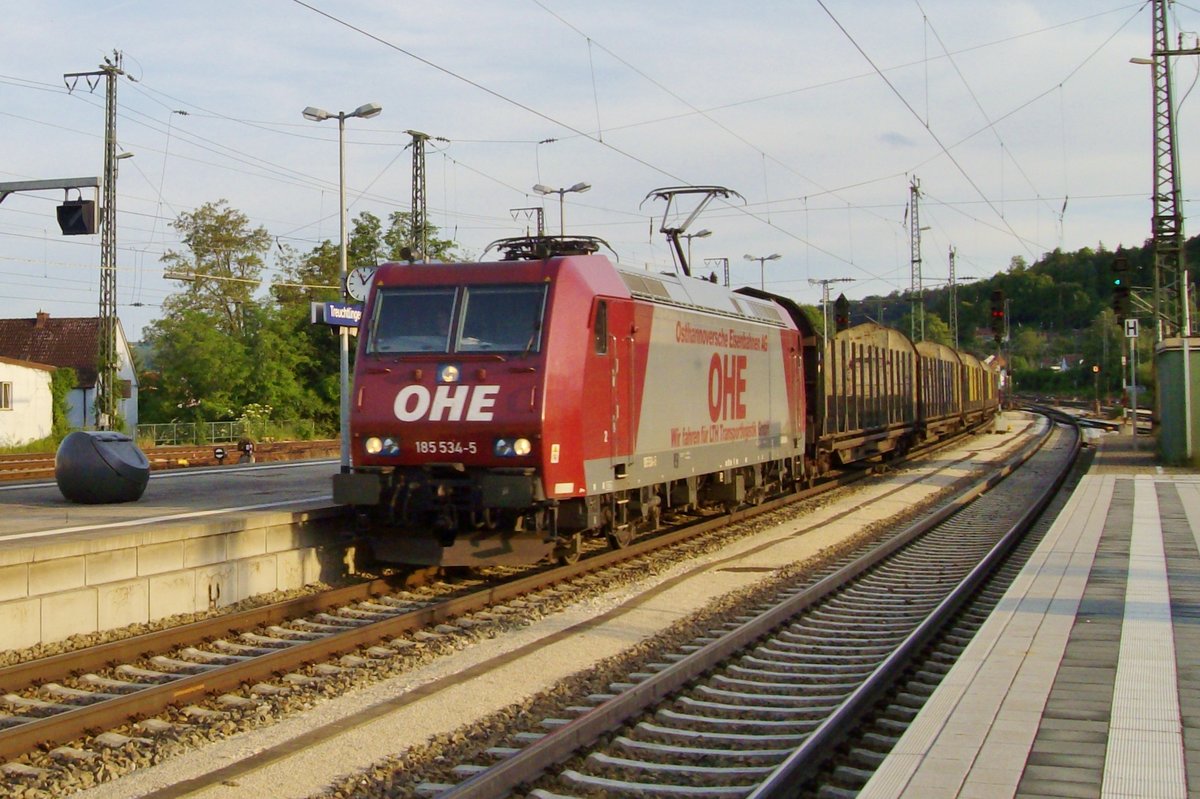 Holzzug mit OHE 185 534 ist weit weg vom haus beim Durchfahren von Treuchtlingen am 22 Mai 2010.