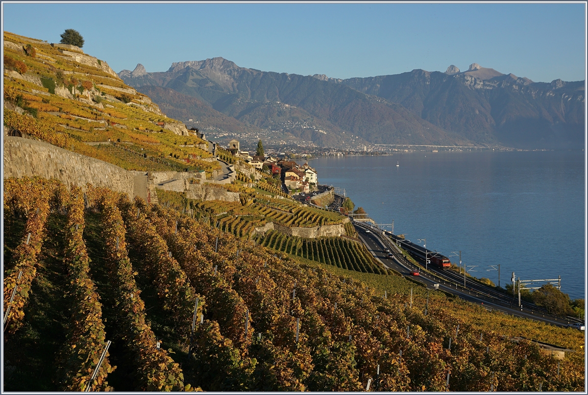 Im Lavaux, bei St-Saphorin ist nur ganz versteckt am unteren Bildrand eine SBB Re 460 die mit ihrem IR auf der Fahrt nach Lausanne ist, zu erkennen. 

16. Okt. 2017