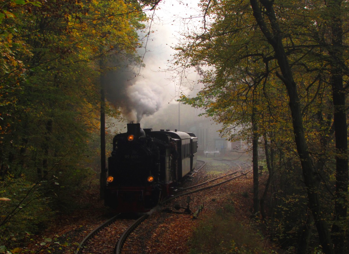 Im Rahmen eines Fotowochenende fuhr am 18.10.14 die 99 6101 mit einem Fotozug von Quedlinburg über Gernrode-Alexisbad-Silberhütte-Stiege nach Hasselfelde und zurück.Hier nimmt sie gerade die Steigung Ri.Alexisbad hinter Mägdesprung in Angriff.