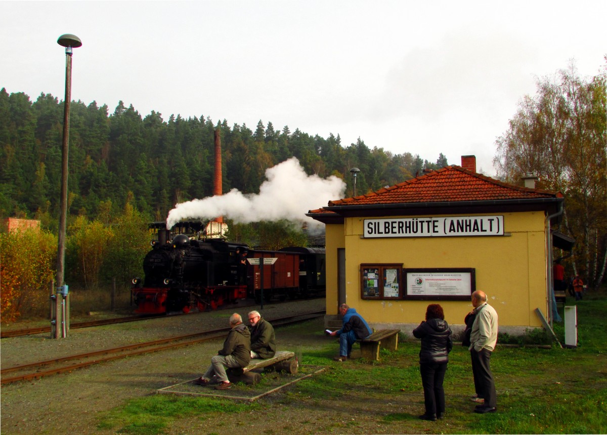 Im Rahmen eines Fotowochenende fuhr am 18.10.14 die 99 6101 mit einem Fotozug von Quedlinburg über Gernrode-Alexisbad-Silberhütte-Stiege nach Hasselfelde und zurück.
Hier rollt die Lok mit einer Scheineinfahrt in den Bahnhof Silberhütte ein.