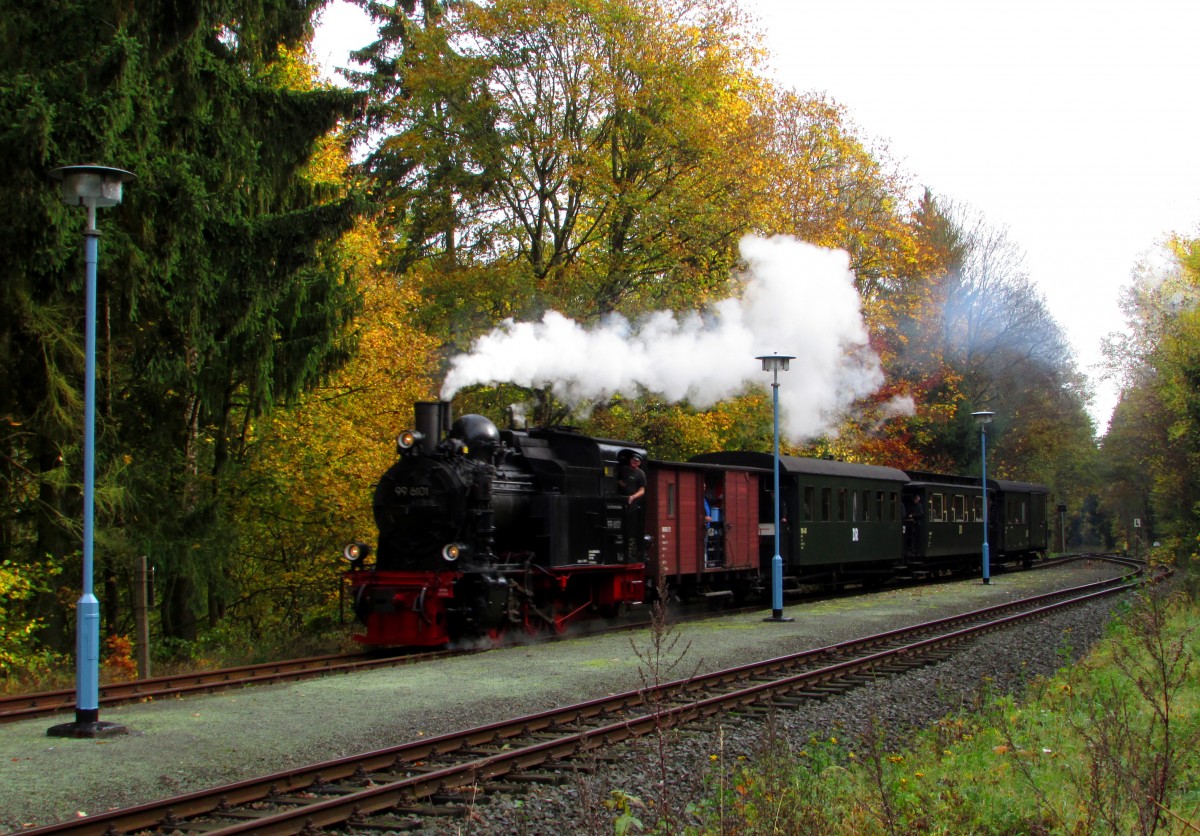 Im Rahmen eines Fotowochenende fuhr am 18.10.14 die 99 6101 mit einem Fotozug von Quedlinburg über Gernrode-Alexisbad-Silberhütte-Stiege nach Hasselfelde und zurück.
Hier rollt sie gerade in den Bahnhof Friedrichshöhe ein,wo man kurze Zeit später mit P 8952 Kreuzen wird.