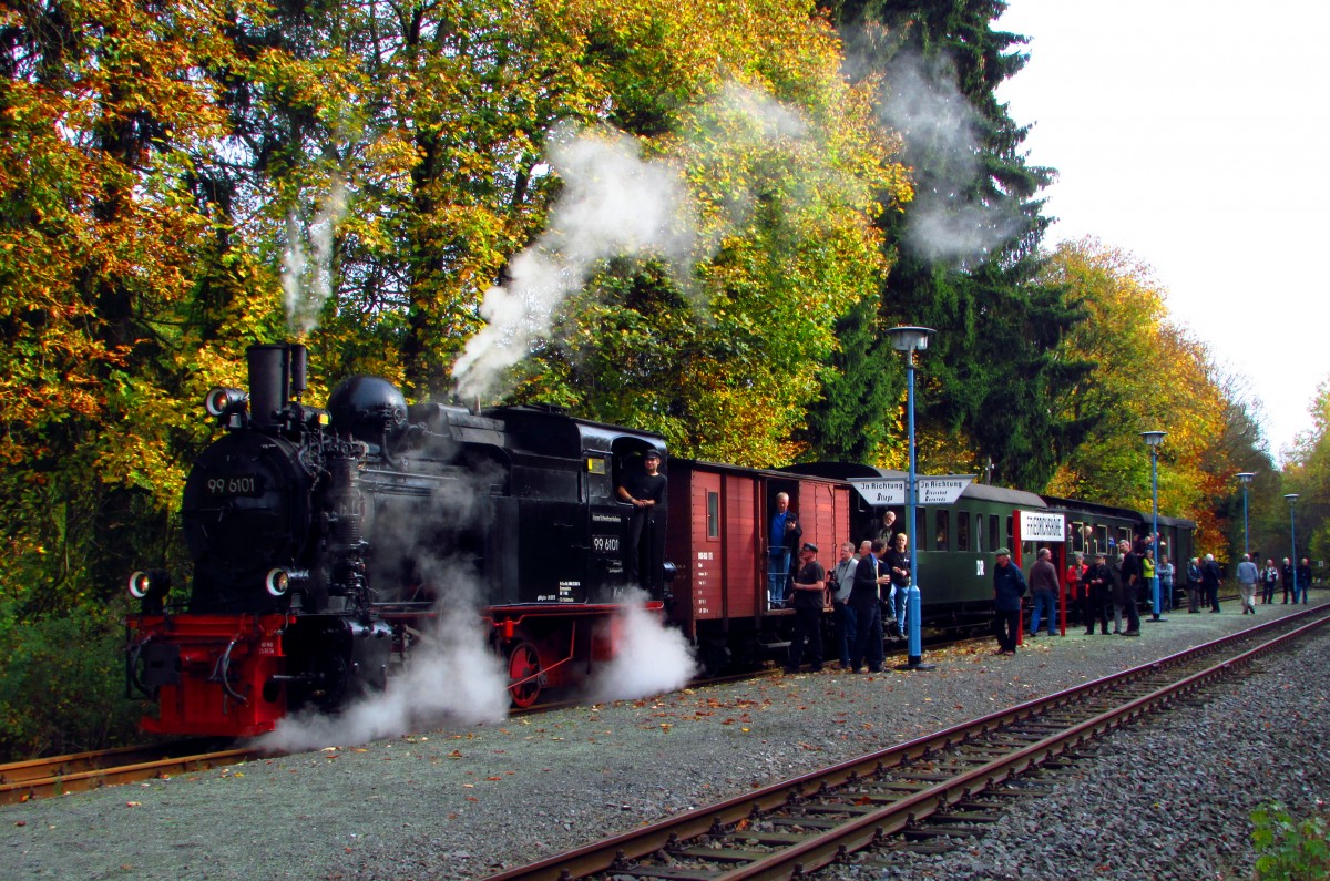 Im Rahmen eines Fotowochenende fuhr am 18.10.14 die 99 6101 mit einem Fotozug von Quedlinburg über Gernrode-Alexisbad-Silberhütte-Stiege nach Hasselfelde und zurück.
Hier steht sie im Bahnhof Friedrichshöhe und wartet auf die Kreuzung mit P 8952.