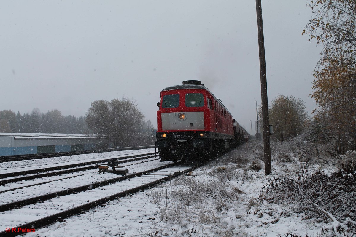 Im Schneegestöber macht sich 232 201-4 in Pechbrunn an die Arbeit um den Schotterzug 62720 nach Nürnberg zu befüllen und zusammen zu rangieren. 11.11.16 Grüße an dieser Stelle auch nochmal an den TF und Wagenmeister/Rangiermeister ;) Sehr freundliches Personal 