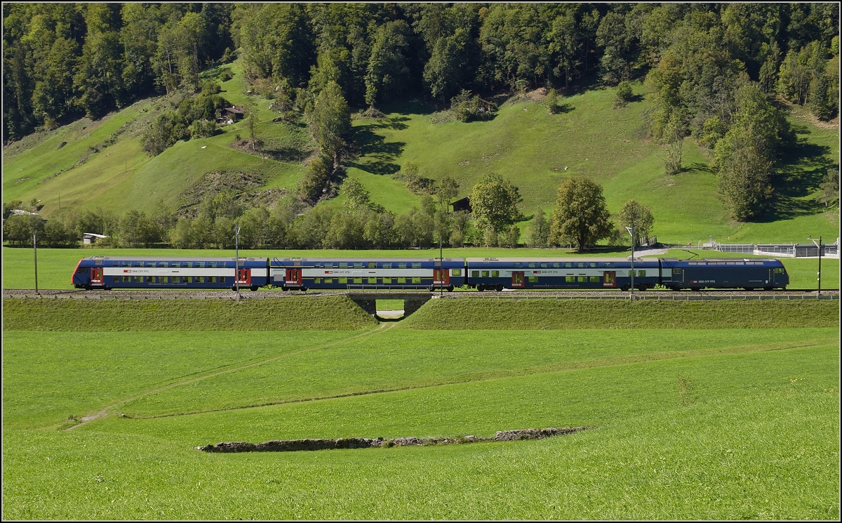 Im tiefeingeschnittenen Tal der Linth zeigt sich ein unbekannter Zug der S-Bahn Zürich mit Re 450 in ganz besonderem Licht. Diesbach, September 2019.
