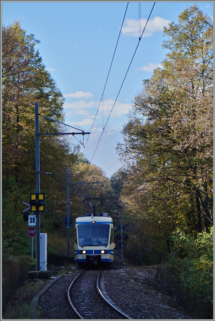 Im Wald zwischen der Rio Graglia Schlucht und Verigo konnte ich den SSIF ABe 4/6 No 62 fotogarfieren, der Zug 157 mit Halt auf Verlangen praktisch alle Station bis Camedo bedient  und dann als Schnellzug nach bis Locarno fhrt. 
31. Okt. 2014