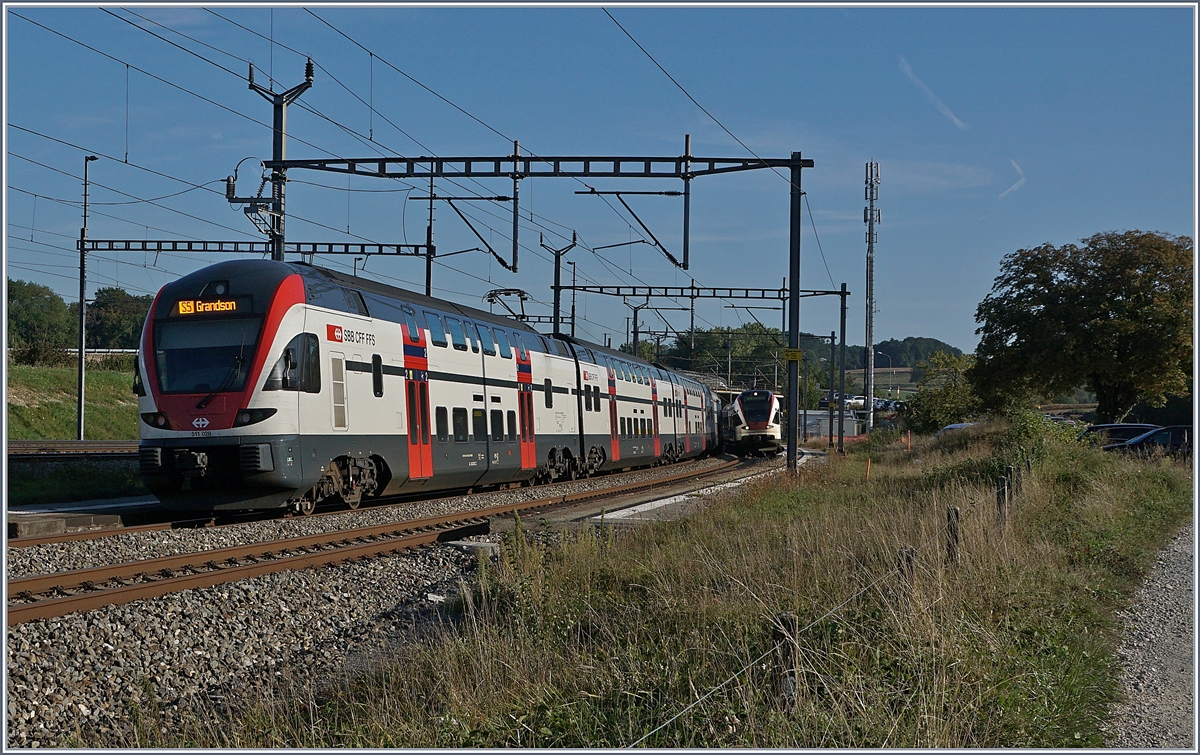 In der Regel sind Flirts oder Dominos im Umlauf der S5 (Lausanne - Grandson beschleunigt) eingesetzt, an diesem Sommer Tag ende Augsts kam jedoch ein RABe 511 zum Einsatz. 
Das Bild entstand ma 29. August 2018 bei Vufflens la Ville.