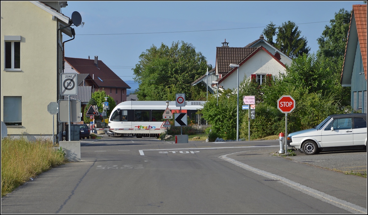 Ins rechte Licht gesetzt macht auch ein GTW was her. 

Thurbo GTW 2/8 in Landschlacht. Juni 2014.
