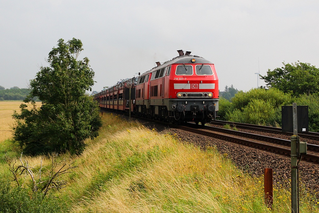 Irgendwas war an der 218 307-7 defekt denn sie war schon kilometerweit zu hören als sie mit dem AZS und 218 385-3 zusammen die Steigung bei Klanxbüll empor fuhr. Dreickskoog/Klanxbüll 04.08.12