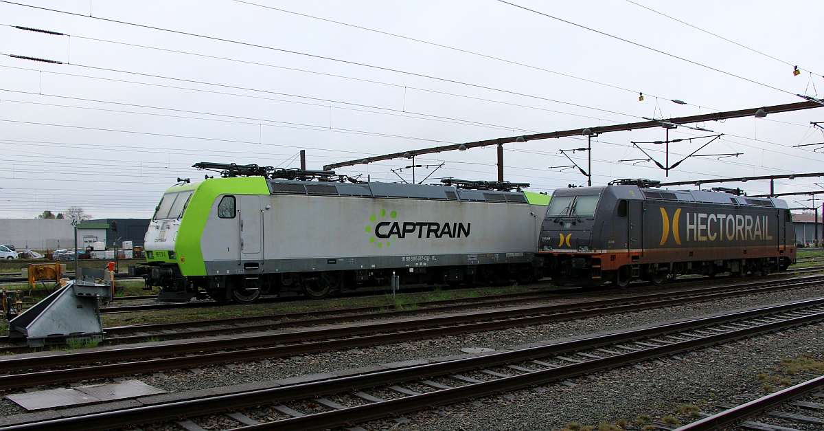 ITL/Captrain 185 517-0, REV/BTK Fw510/30.09.16, Verl/ITL Bw Pirna/19.09.23 und Hector 241.008 abgestellt in Pattburg/DK. 24.04.2023