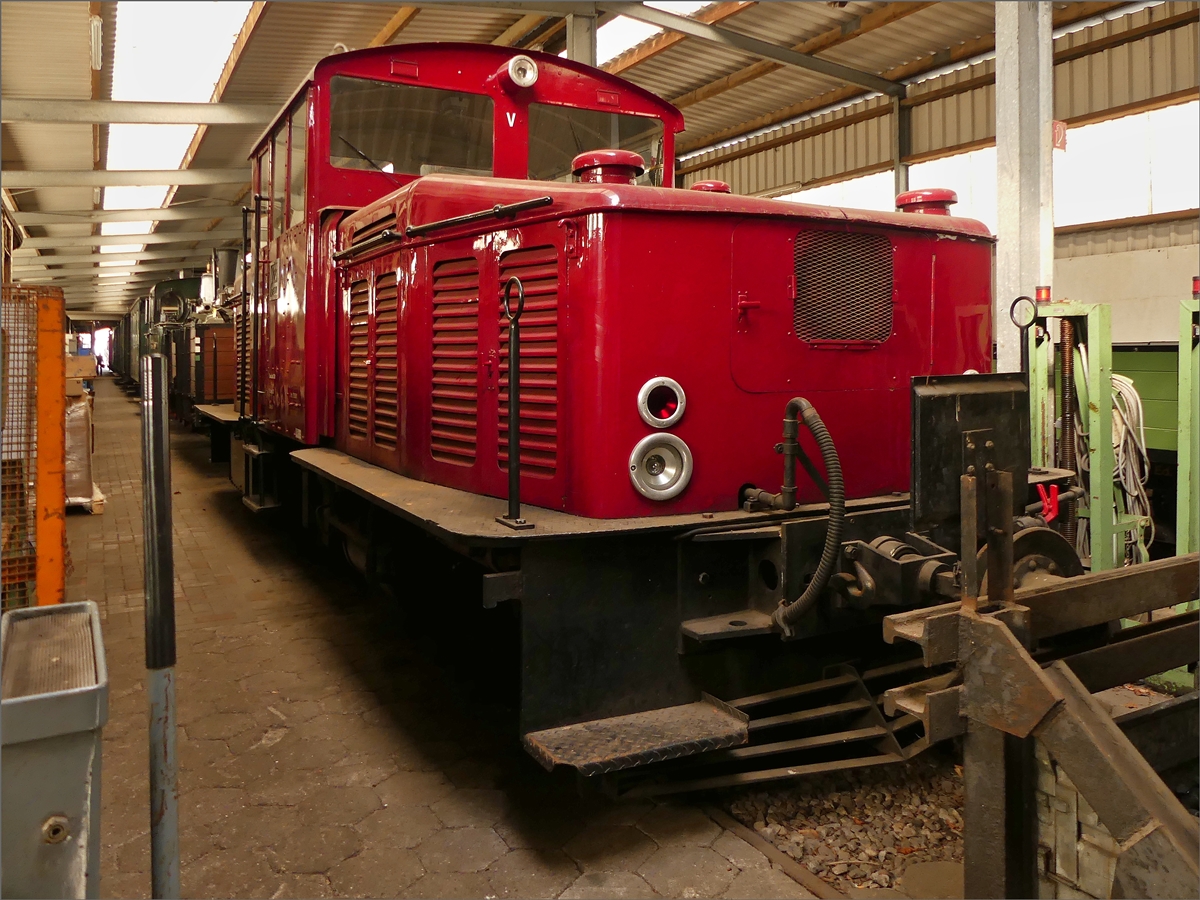 Jung Lok V 29 Nr 11464 Bj 1952,(DB V29 952), gebaut von der Arnold Jung GmbH Lokomotivfabrik in Jungthal bei Kirchen (Sieg) Bauart B’B’dh, steht in der Halle abgestellt. 15.09.2019 (Jeanny)
Infos von der Website des DEV:  http://www.museumseisenbahn.de/