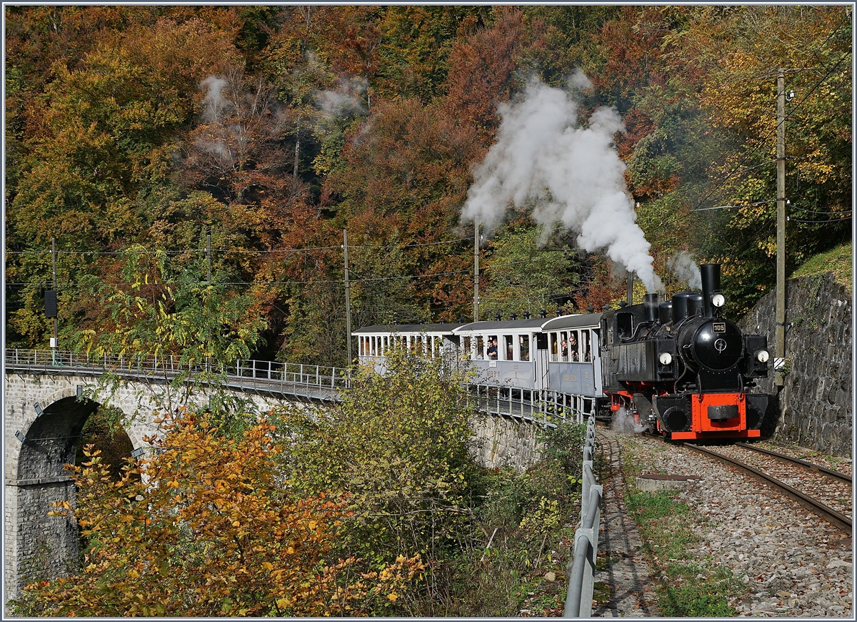 La DER 2019 (Saison Abschluss 2019) Mit einem farblich einheitlichen Zug ist die SEG G 2x 2/2 105 der Blonay - Chamby Bahn im Herbstlichen Wald bei Vers-Chez-Robert auf dem Weg nach Chaulin. 

27. Okt. 2019