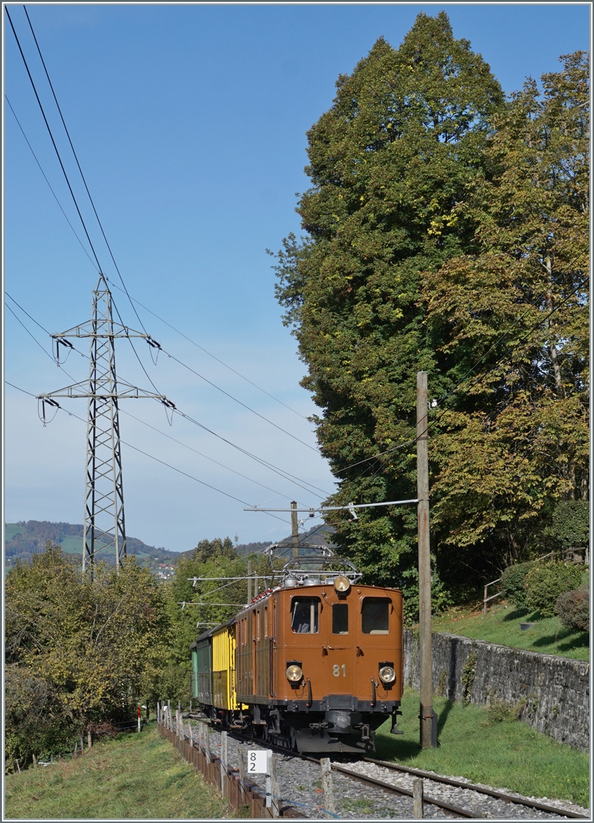 La DER de la Saison 2023 - Die Bernina Bahn RhB Ge 4/4 81 der Blonay-Chamby Bahn erreicht mit ihrem  Bernina-Express  Chaulin.

28. Okt. 2023