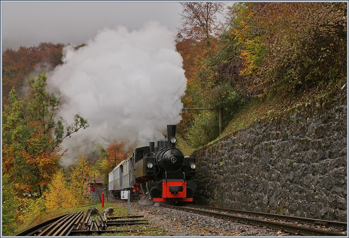 La Dernière du Blonay - Chamby - das 50. Jahre Jubiläum beschliesst die Blonay Chamby Bahn mit einer Abschlussvorstellung: Kurz nach Vers-chez-Robert zeigt sich die SEG G 2x 2/2 105 im bunten Herbstwald mit einer prächtigen Rauchfahne auf der Fahrt Richtung Chamby.
27. Oktober 2018