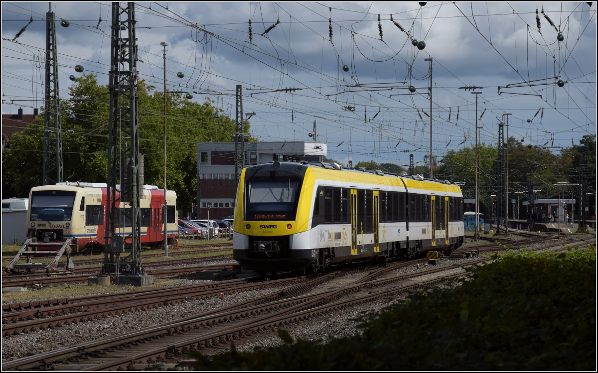 Lint 622 461 der SWEG in Radolfzell wird bereitgestellt für die nächste Fahrt nach Friedrichshafen. August 2020.