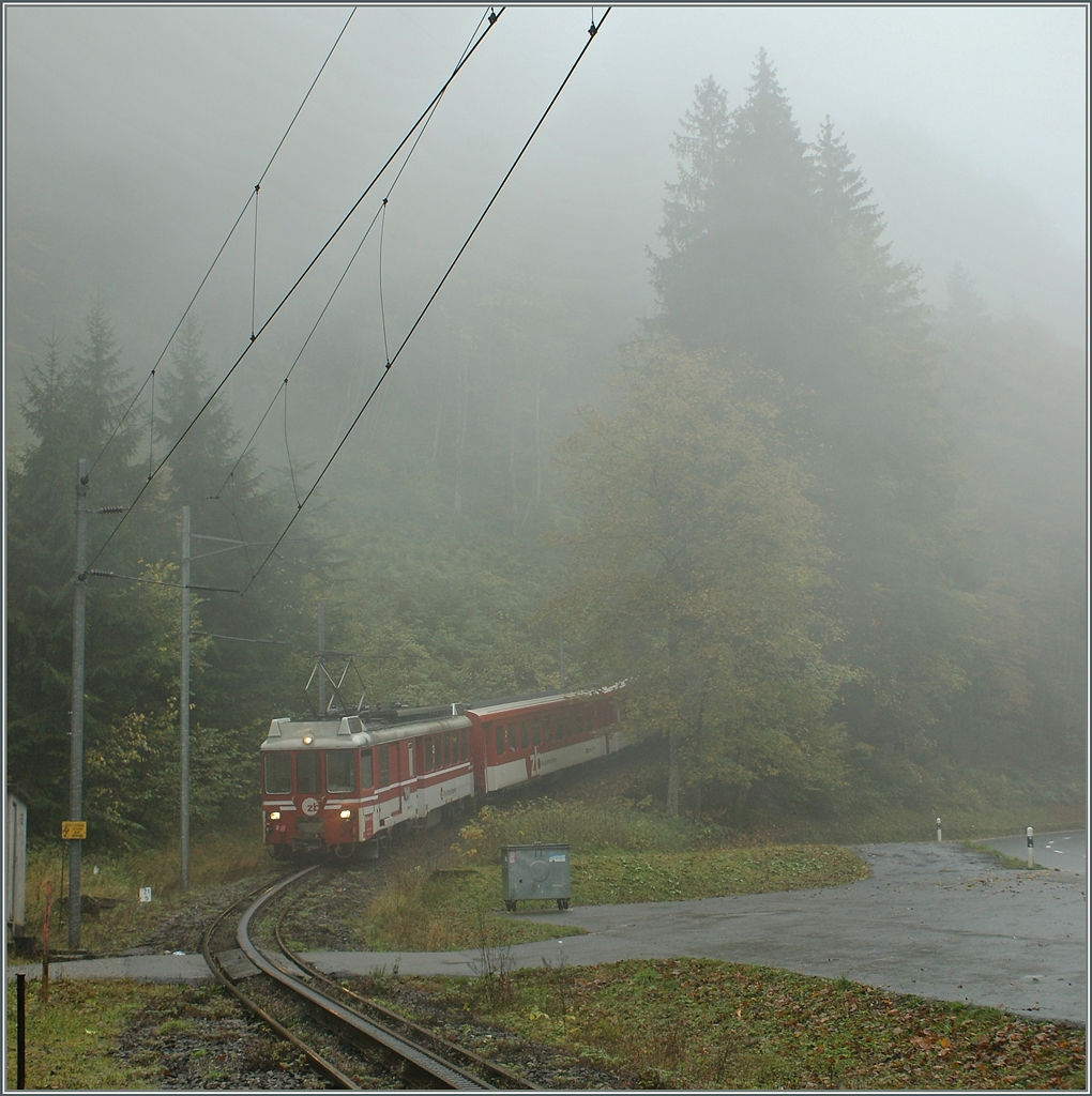LSE IR auf der Zahnstangenfahrt Richtung Luzern bei Grünenwald am 18. Okt. 2010. Seit demb Fahrplanwechsel 2010/11 werden die Züge durch einen neuen Tunnel geleitet und die Landschaftliche reizvolle Abschnitt hier wird nicht mehr befahren.
