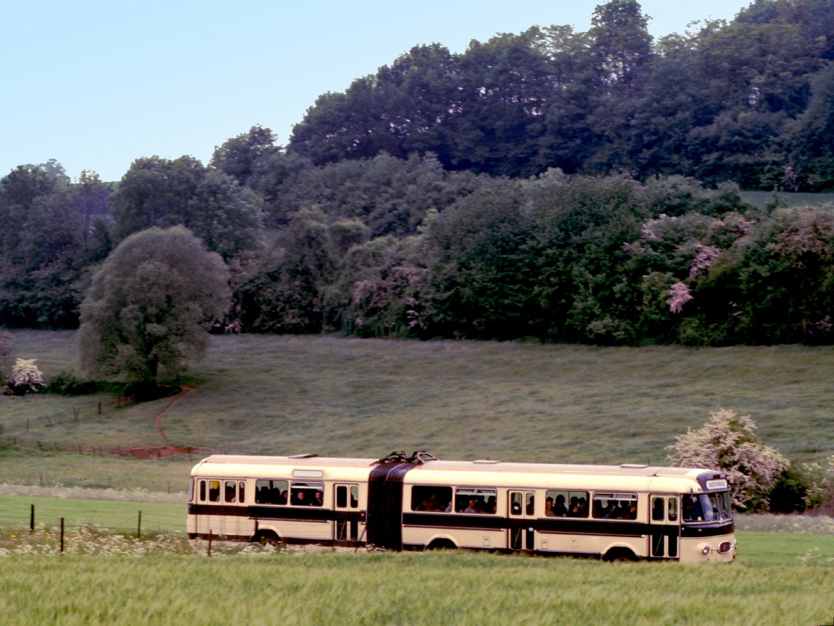 Luxemburg, Lamadelaine, Henschel HS 160 USL-G Gelenkbus. Dieser Bus bringt auf schmalen Wegen die Fahrgste der Museumsbahn Fond-de-Gras zum ehemaligen Terminus  Fuussbsch . Scan eines Dias aus dem Jahr 1976. 