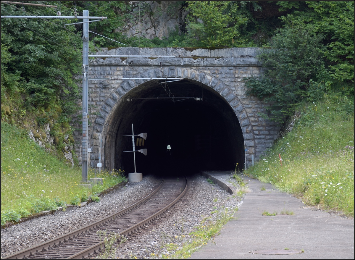 Mal eine technische Kuriosität statt bunter Bilder.

Die Strecke von Neuenburg nach La Chaux-de-Fonds brauchte einen langen Scheiteltunnel unter dem Col de la Vue des Alpes. Da offenbar einfacher zu realisieren, gab es in Convers einen Zwischenangriff und eine leicht verlängerte Strecke. Hier das Tunnelportal des Mont Sagne Tunnels, wo man bis nach La Chaux-de-Fonds durchblicken kann. Die 125 m lange Kurve zum Tunnel des vorhergehenden Bildes war ursprünglich der Bahnhof Convers. Ich stand für die Fotos auf dem ehemaligen Bahnsteig, der noch teilweise vorhanden ist. Die Weichen lagen noch in den Tunneln. Les Convers, Juli 2018.

Die SBB-Webseiten kennen diesen Bahnhof immer noch, obwohl dieser längst nur noch ein Stück Streckengleis ist. Zu Schließfächern und Veloplätzen gibt es keine Angaben. http://www.sbb.ch/de/bahnhof-services/am-bahnhof/bahnhoefe/bahnhof.4238.convers.html