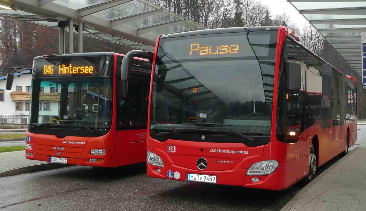 MAN Lion`s City und MB Citaro von Oberbayernbus stehen im Dezember 2018 am HBF Berchtesgaden