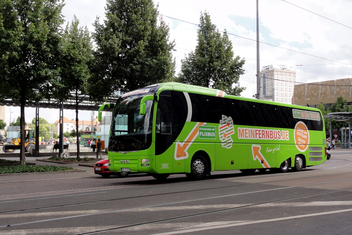 MAN Lions Coach von MEINFERNBUS Ende Juli 2015 in Leipzig beim Augustusplatz gesehen.