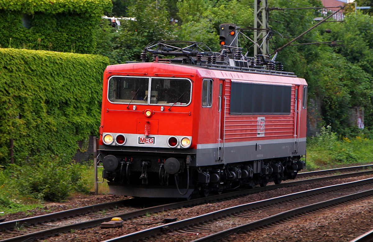 MEG 706/ 155 119-1(REV/LD X/19.09.13)hatte einen Containerzug in den Hamburger Hafen gebracht und fährt nun zurück nach Maschen für ihre nächste Aufgabe. HH-Harburg 06.08.14