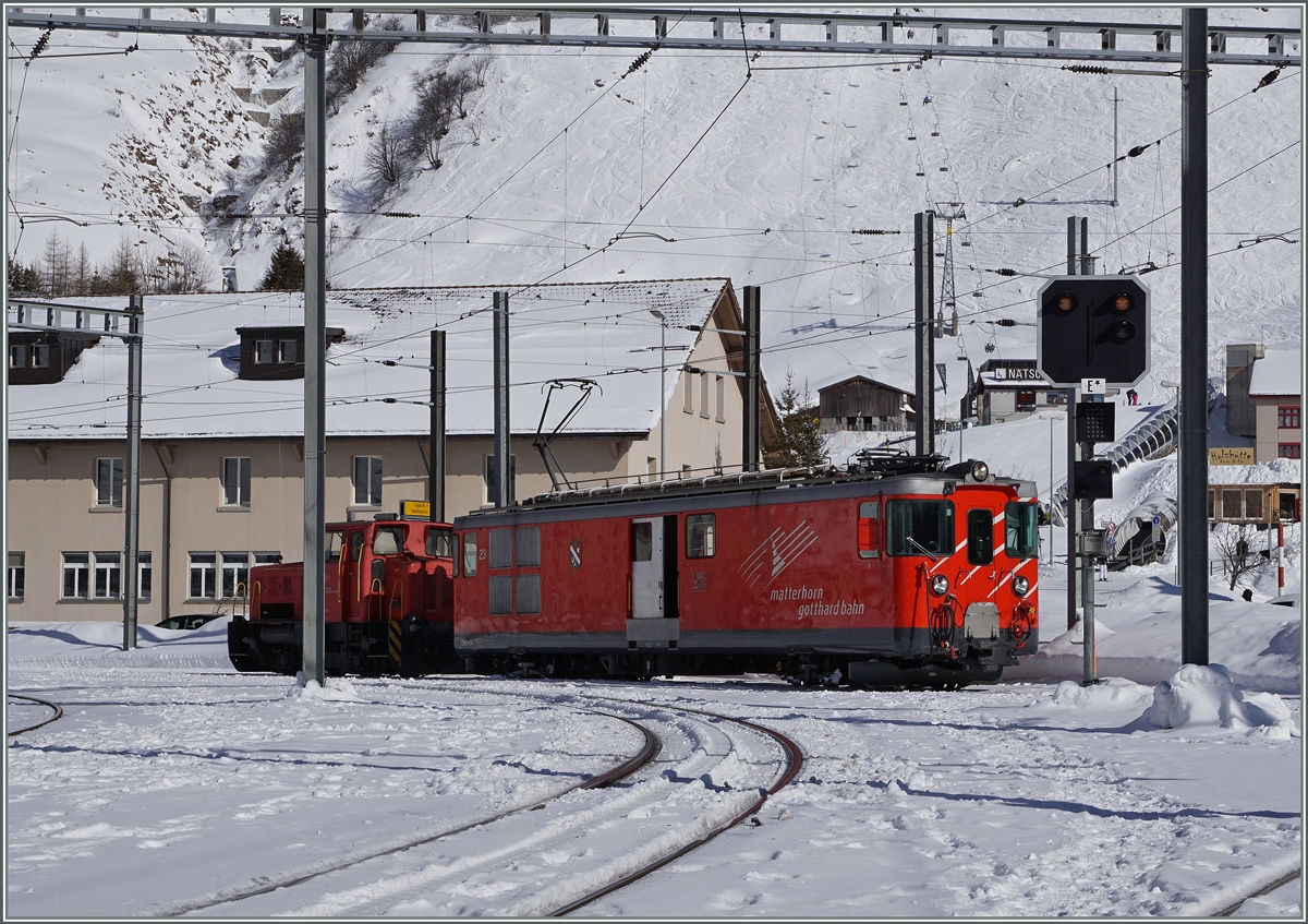 MGB Matterhorn Gotthard Bahn Deh 4/4 23 in Andermatt.
11. Feb. 2016