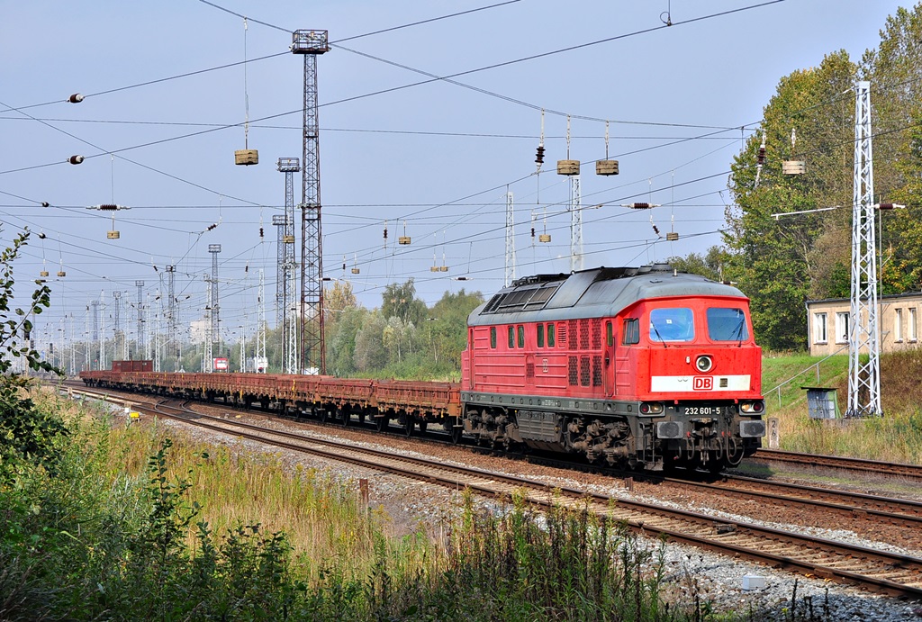 Mit dem EK 53224 nach Waren(Müritz) rollt die 232 601 am 06.10.2014 durch Rostock-Seehafen Süd in Richtung Kavelstorf.