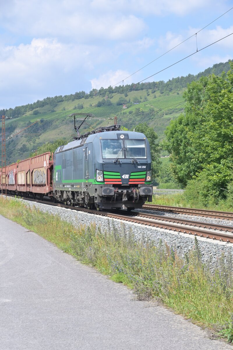 Mit Italienstreifen im Grill ist die  ELL 193 258 samt leeren Autotransportern bei Thüngersheim gen Würzburg fahrend unterwegs.