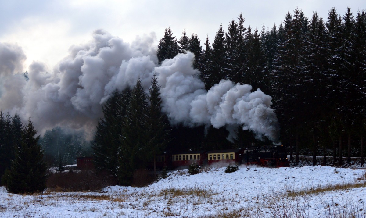 Mit meiner neuen Kamera der Nikon D 3200 ging es am 6.1.2015 in den Harz.Mit einer mächtigen Rauchwolke donnert 99 7245-6 mit P 8904 die Steigung hinter Sorge hoch.