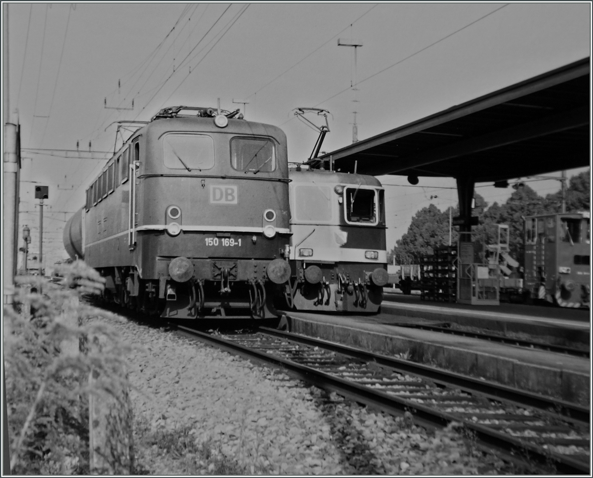 Mit Mineralölzügen gelangten Kornwestheimer DB E 150 bis nach Weinfelden. Dieses (fotogarfierte Kleinbild)-Foto zeigt die DB 150 169-1 am 26. Sept. 1996 in Weinfelden.
(S/W Version)