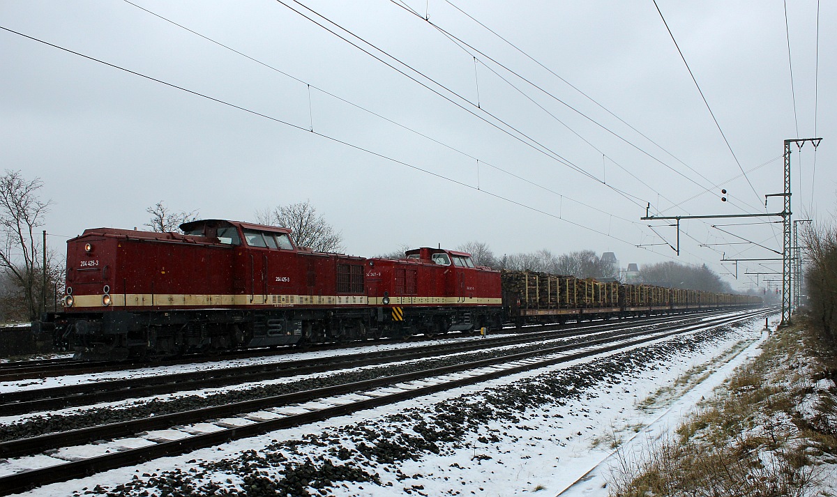 MTEG/SETG 204 425(1203 220) und 204 347(3202 347) stehen hier mit dem fertig beladenen ersten Teil des Holzzuges in Jbek. Wegen der unfallbedingten Sperrung der Rendsburger Hochbrcke ist die Abfahrt ungewiss. Jbek 08.01.16