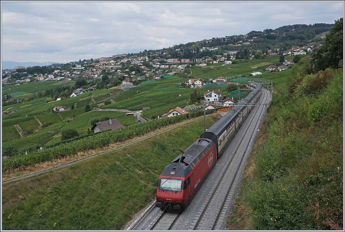 Nach sieben Wochen Bauarbeiten fahren seit Montag wie geplant die Züge wieder zwischen Lausanne und Puidoux-Chexbres - (Bern). Das Bild zeigt die SBB Re 460 019-3 mit dem IC 712 von St.Gallen nach Genève Aéroport kurz vor Bossière, dort wartet der SBB RABe 523 024 als S5 auf die Weiterfahrt nach Palézieux.
 29. August 2018