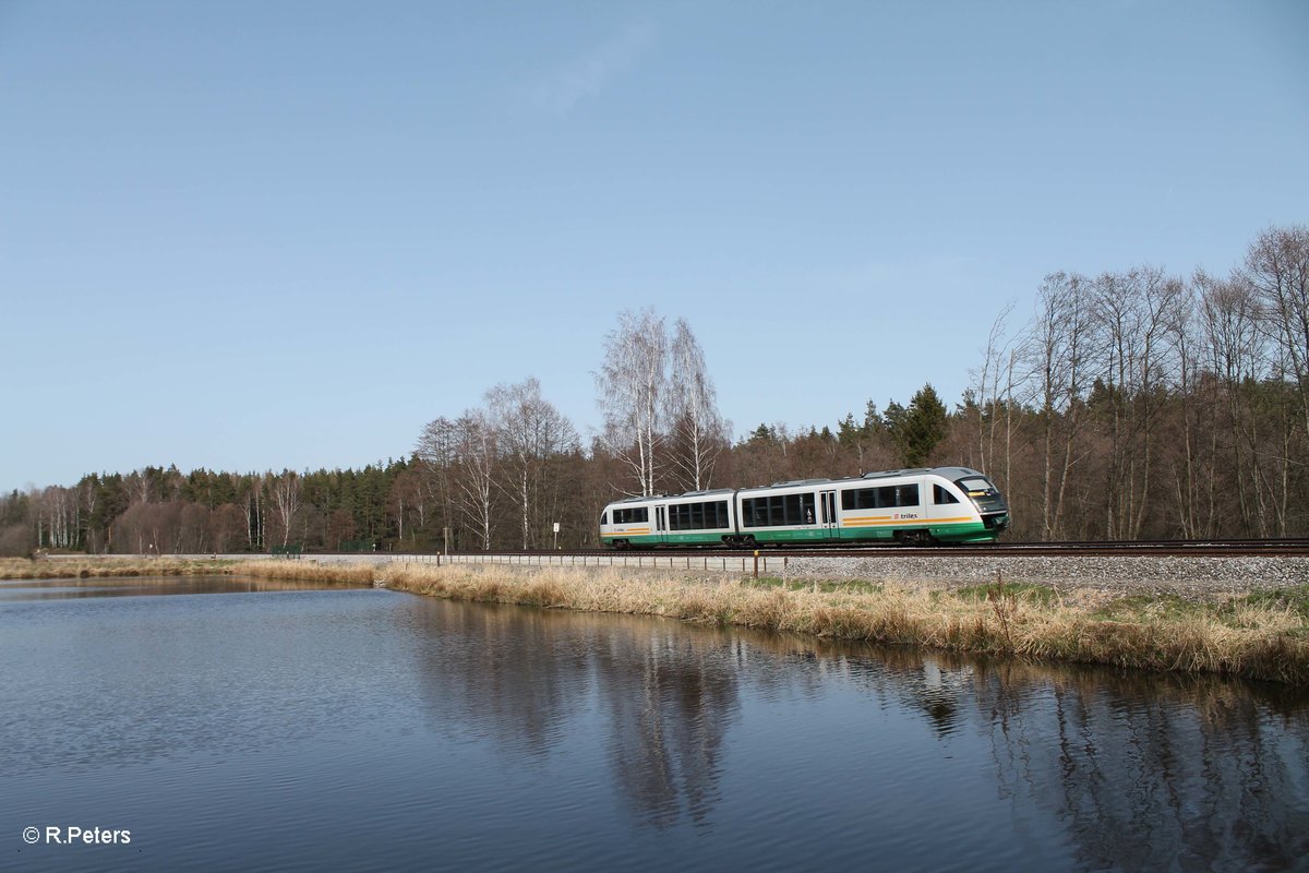 Nachschuss auf einen Vogtlandbahn Desiro als OPB 79730 Regensburg - Marktredwitz südlich von Wiesau. 02.04.16