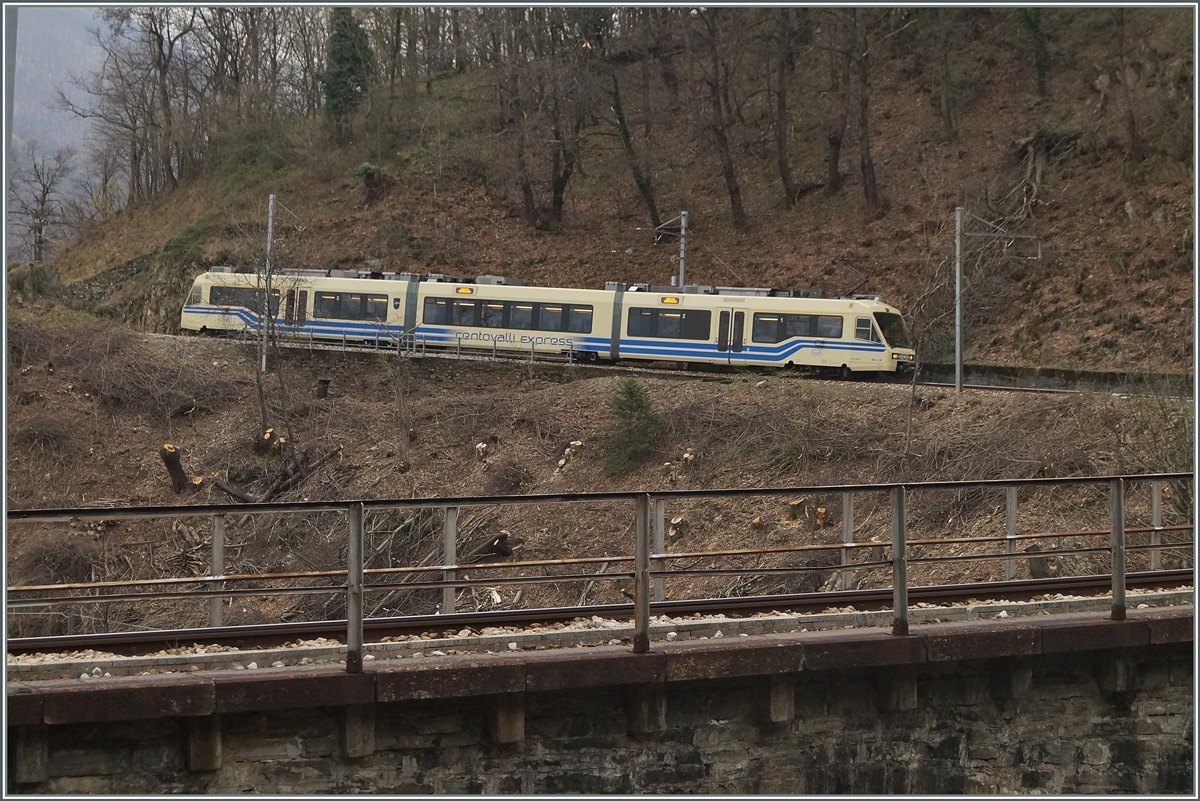 Neben GEX und BEX gibt es neuerdrings auch den CEX - ein solcher ist hier kurz vor dem Viadukt über die Rio Graglia zwischen Verigo und Trontano unterwegs.
Die vielen abgeholzen Bäume fielen wohl dem strengen Winter zum Opfer.
3. April 2014