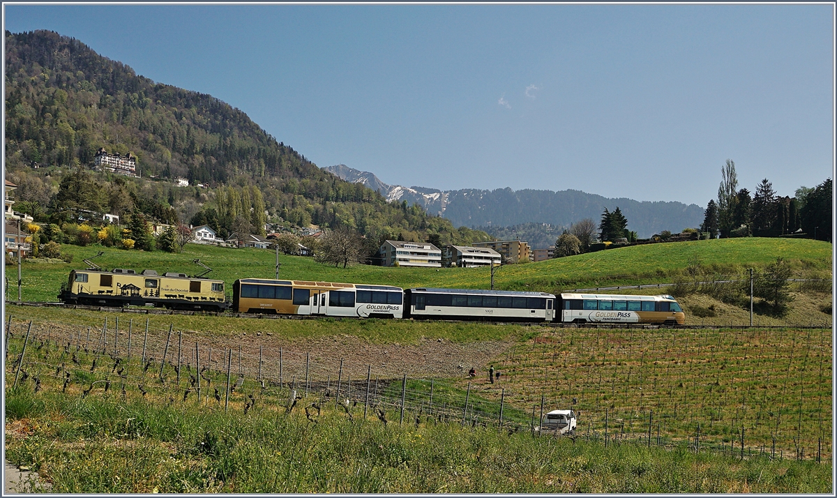 Noch richtig  goldig  zeigt sich bei Planchamp noch Mitte April dieser MOB Zug auf der Fahrt in Richtung Montreux. Gemäss Fahrplan hätte zu dieser Zeit eigentlich ein  MOB Belle Epoque  Zug fahren sollen, doch durch die Umstellung der Fahrzeuge auf die automatische Kupplung kam 
es in diesem Jahr vermehrt durch Änderungen im Umlauf der Kompositionen. 

14. April 2020