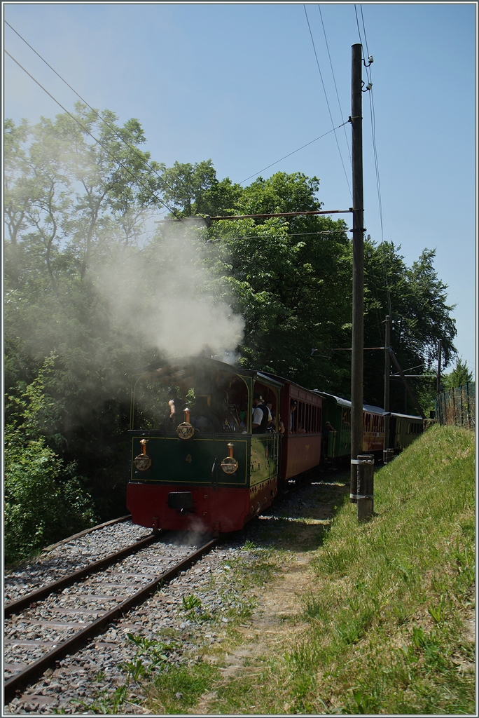 Obwohl auf Talfahrt und das Dampftram G2/2 N° 4  Rimini  (1900) nur nachschiebt, verbreitet die G 2/2 doch mächtig viel  Rauch.
(Blonay - Chamby Pingstfestival)
Bei Chantemerle, den 9. Juni 2014