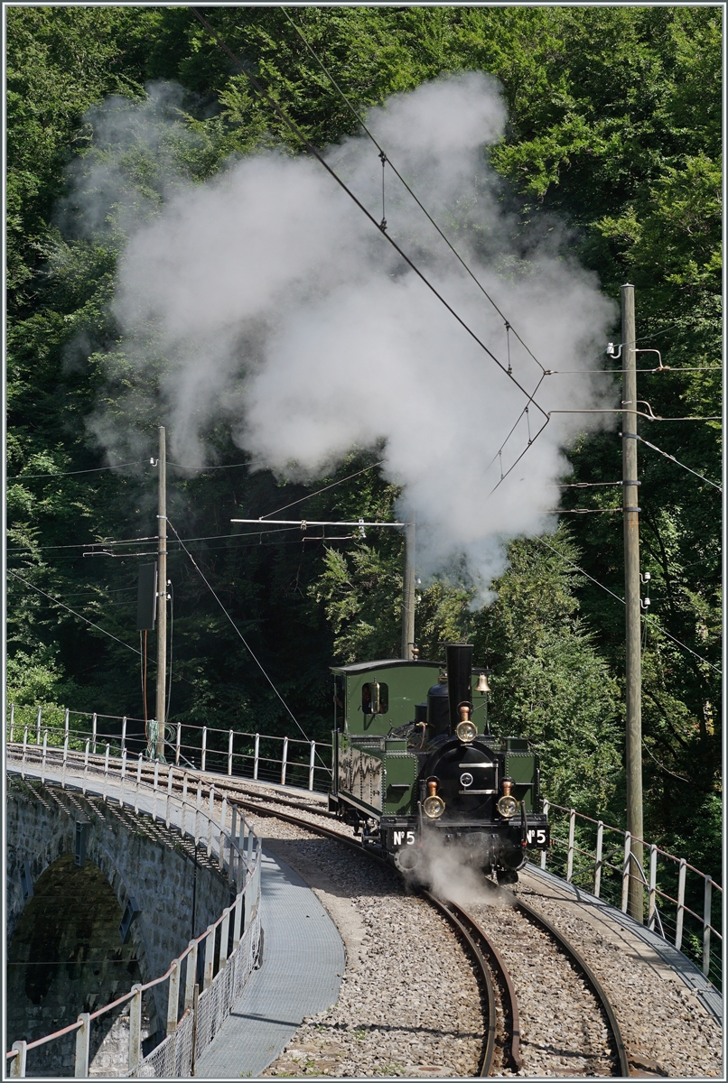 Ohne Wagen dampft die 1890 gebaute LEB G 3/3 N° 5 der Blonay Chamby Bahn bei Vers-Chez-Robert über das Baye de Clarens Viadukt.

4. Juni 2022