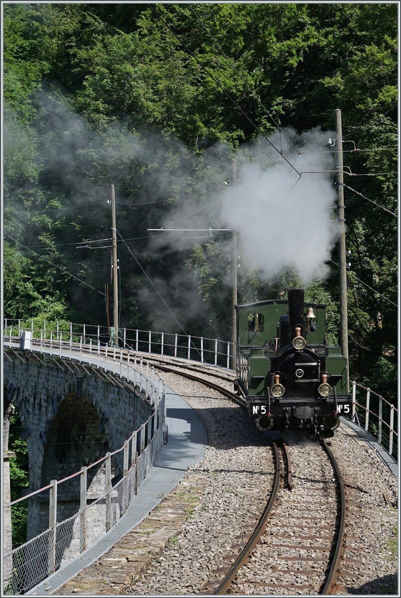 Ohne Wagen dampft die 1890 gebaute LEB G 3/3 N° 5 der Blonay Chamby Bahn bei Vers-Chez-Robert über das Baye de Clarens Viadukt.

4. Juni 2022

