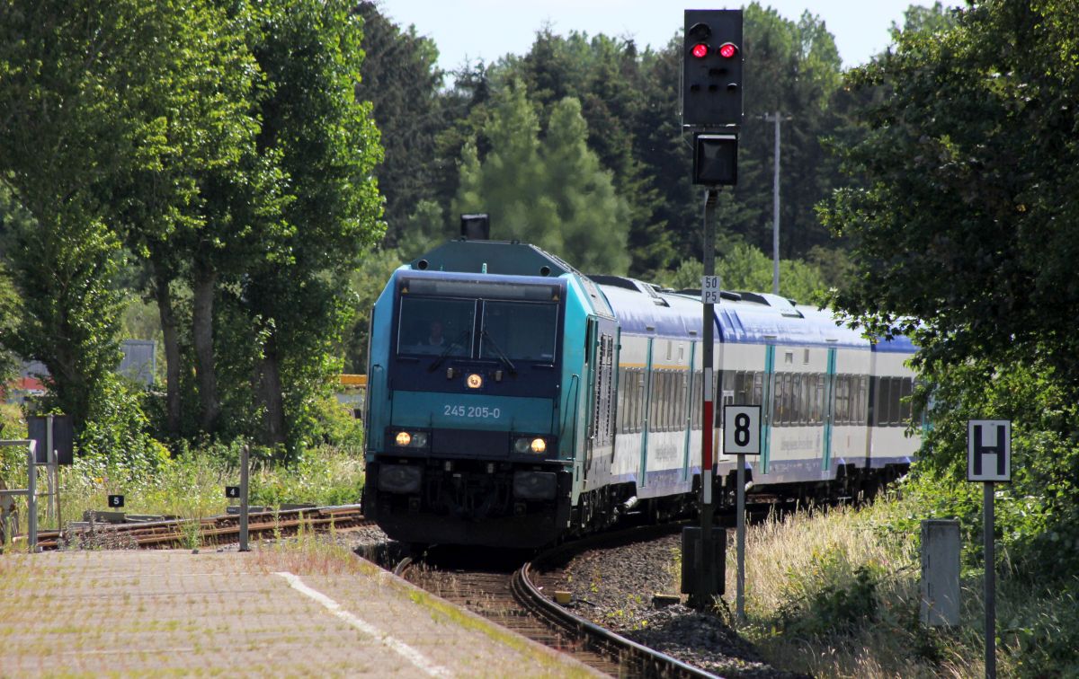 Paribus/NAH.SH/DB 245 205-0 mit dem RE 6 aus Hamburg kommen hat Einfahrt in Husum auf Gleis 5. 10.07.2019