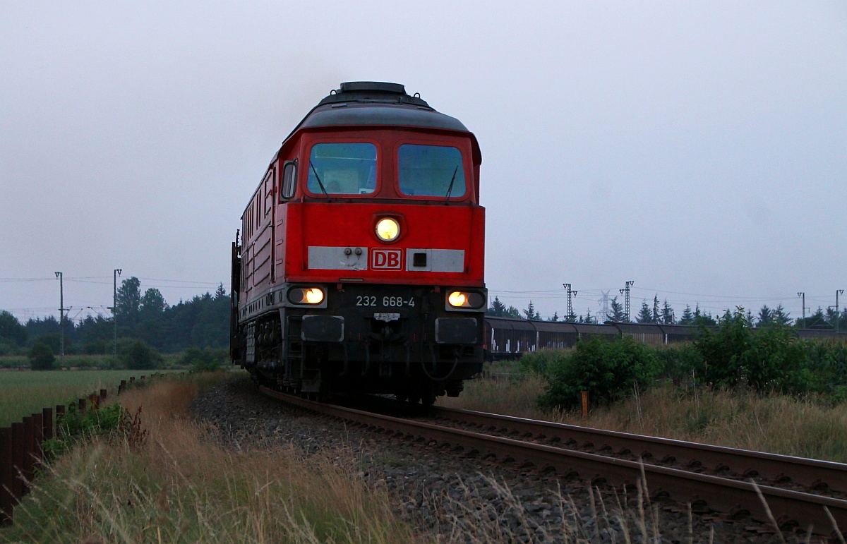 Pünktlich erschien ebenfalls die 232 668-4 mit ihrem EZ/GB 47420 nach Esbjerg in Jübek, hier festgehalten am Beginn der Strecke nach Husum am Bü Jyderupweg. 31.07.2014