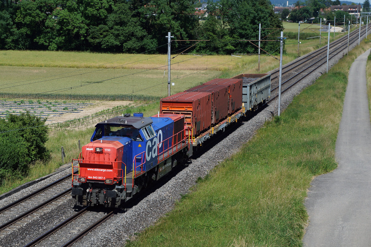 SBB: Auch als Streckenlokomotive macht die in Solothurn-HB stationierte MAK 1700 Am 4/4 843 057-1 eine gute Figur. Am 22. Juni 2016 ist sie mit zwei Gterwagen zwischen Selzach und Bettlach nach Grenchen-Sd unterwegs. Dabei handelt es sich um eine regelmssige Tagesleitung, die von Montag bis Freitag auf dem Dienstplan steht.
Foto: Walter Ruetsch