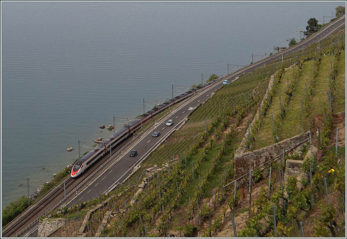 SBB ETR 610 von Milano nach Genève kurz nach Rivaz.
8. Mai 2014