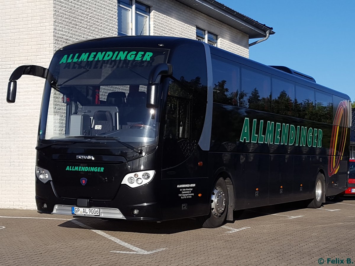 Scania OmniExpress von Allmendinger aus Deutschland im Gewerbegebiet Sassnitz.