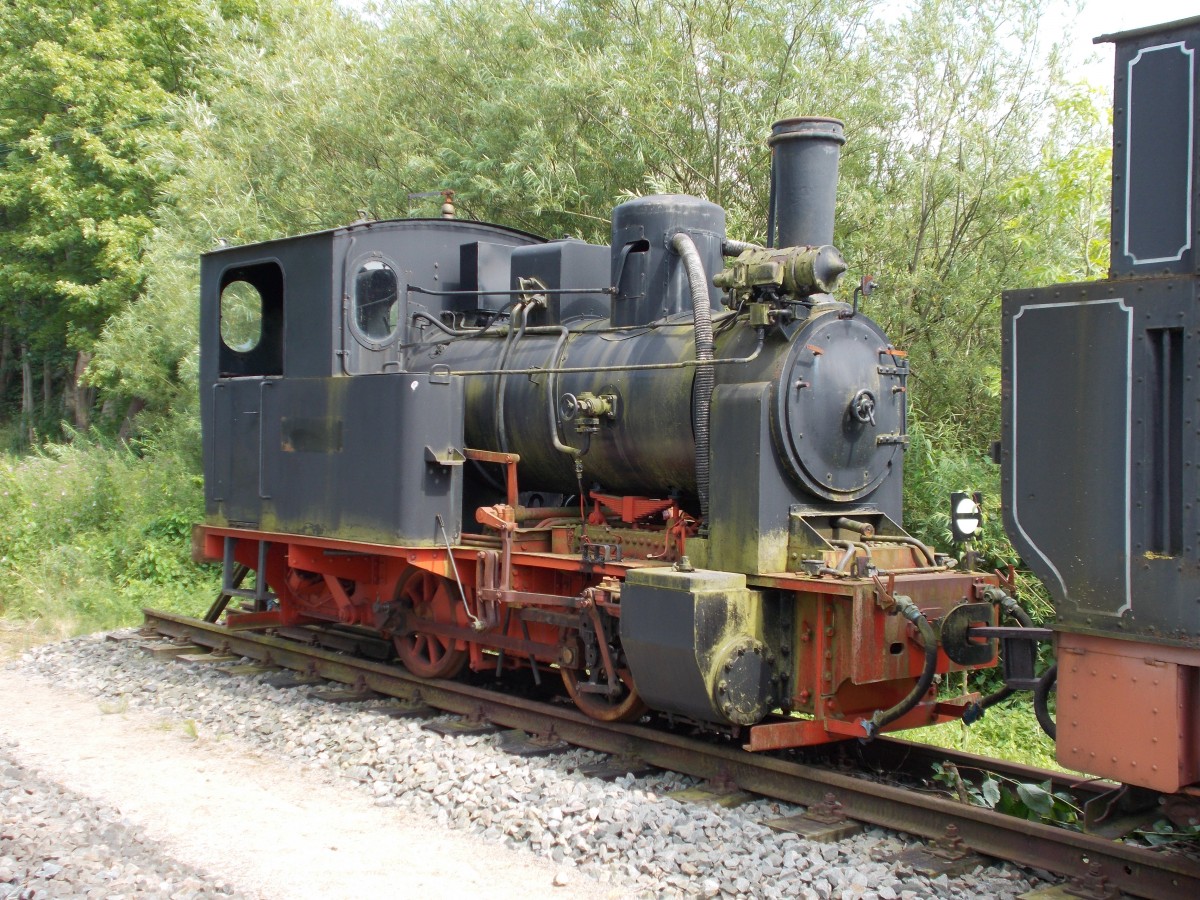 Sie ist jetzt die letzte Lok auf dem  Millionengleis  vor dem Prellbock in Putbus:99 4603 am 16.Juli 2014. 