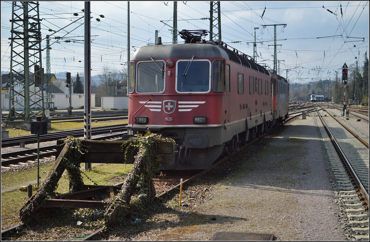 Singen ist neuerdings eine Re 4/4<sup>II</sup>- und Re 6/6-Hochburg, regelmäßig stehen mehr Schweizer denn deutsche E-Loks rum. Da freut man sich, wenn auch Schnäuzelchen Re 6/6 11626 einen Zwischenstopp macht. März 2016.