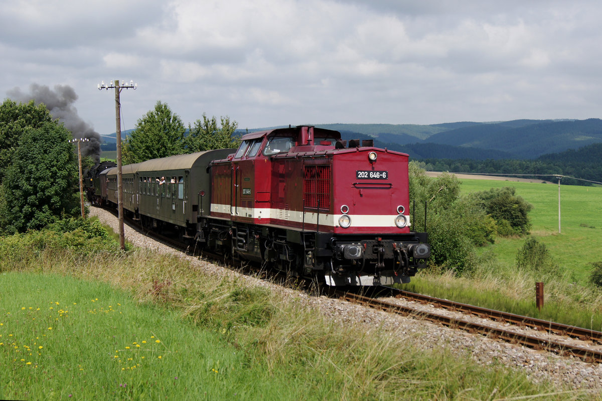 Sonderzug mit der 202 646-6 auf der Fahrt nach Schwarzburg am 14. August 2010. Schiebedienst leistete die 65 1049-9.
Foto: Walter Ruetsch