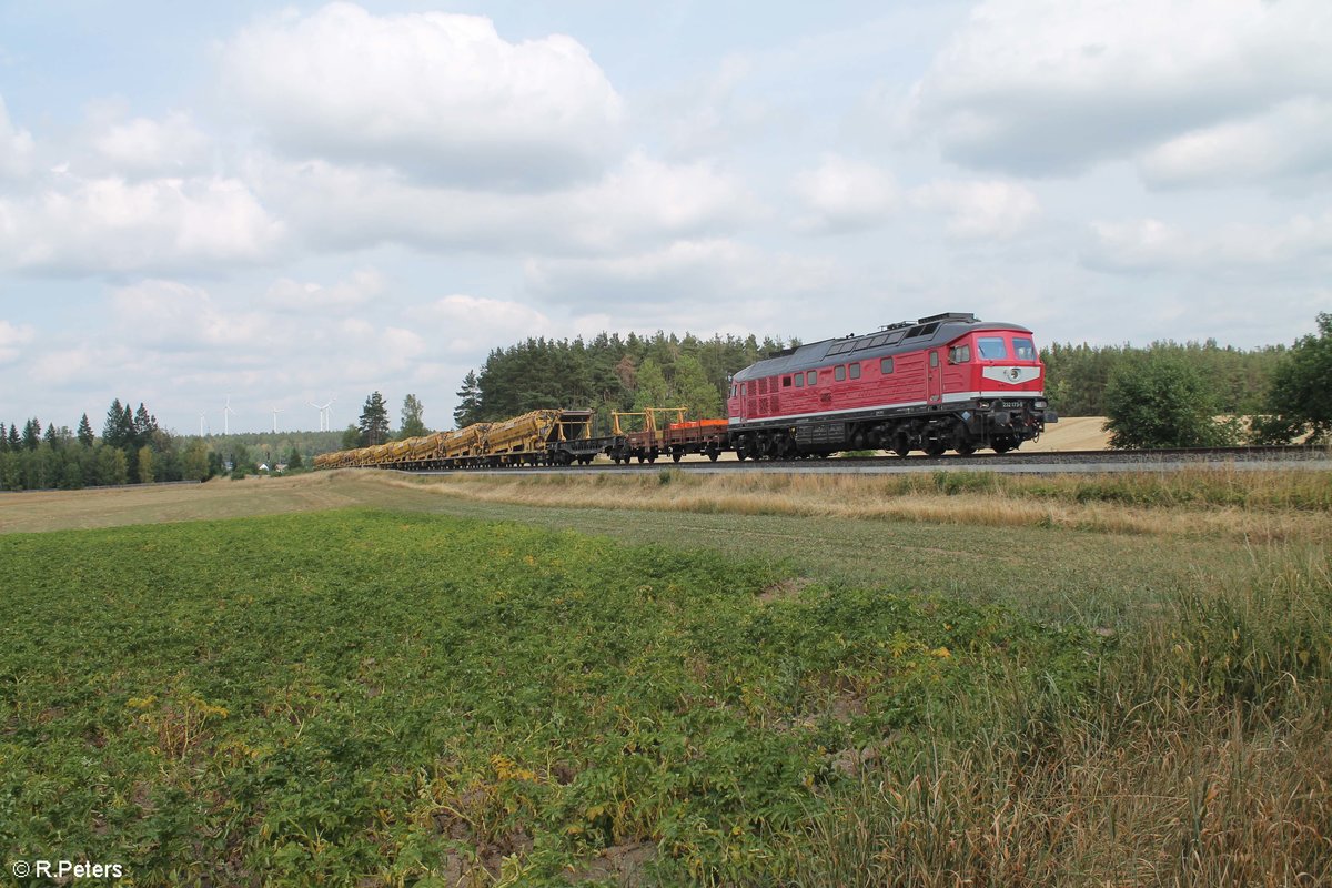 TRG 232 173 mit einem Bauzug aus Magdeburg nach Schirnding bei Marktleuthen. 28.07.19