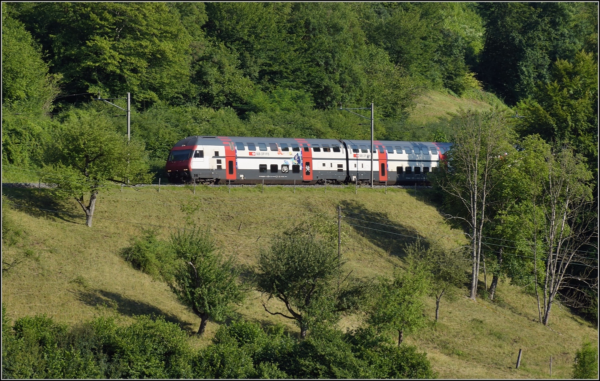 Umleiterverkehr auf dem Läufelfingerli. Bahn 2000-Steuerwagen inmitten ländlicher Idylle. Rümlingen, Juli 2018.