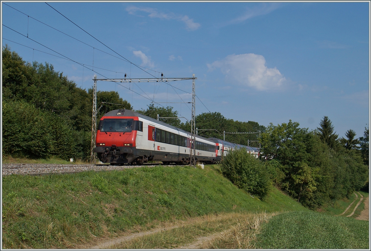 Unter den letzten alten Fahrleitungsmasten zweischen St.Gallen und Genève fährt dieser IR Luzern Genève zwischen Rosé und Neyruz durchs Freiburgerland.
6. August 2015